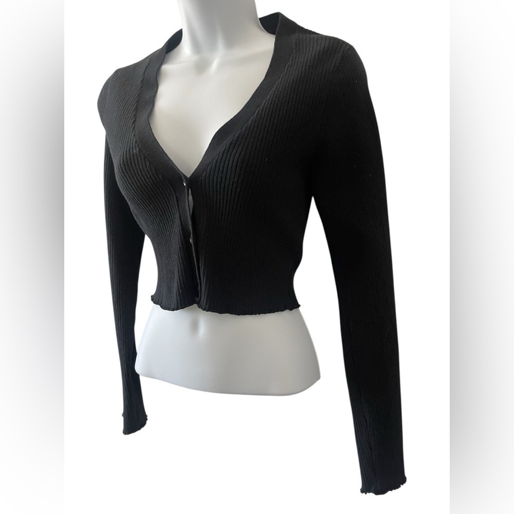 GOOD AMERICAN Black Cropped Cardigan Size 1/2 Ribbed Knit Cozy - Picture 5 of 7